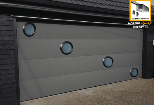 Porte de garage sectionnelle avec hublots ronds